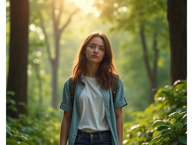 Młoda kobieta uśmiechająca się podczas spaceru po lesie