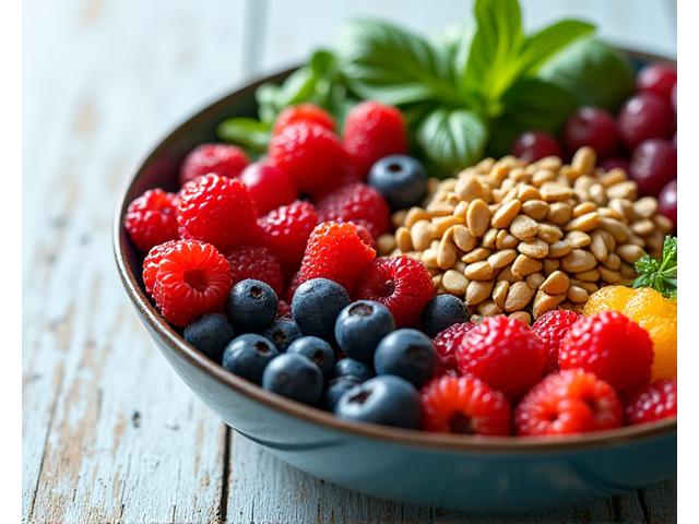 Miska pełna kolorowych superfoods, takich jak jagody goji, orzechy i nasiona