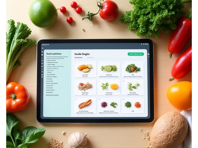 Interaktywny panel planowania posiłków na tablecie z listą zakupów.